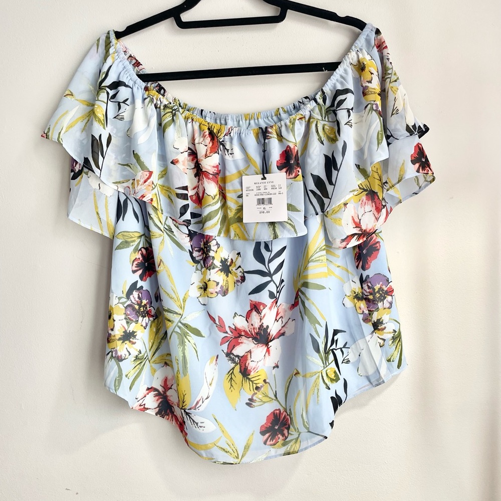 Off-Shoulder Blue Floral Ruffle Women's Top - Picture 4 of 8